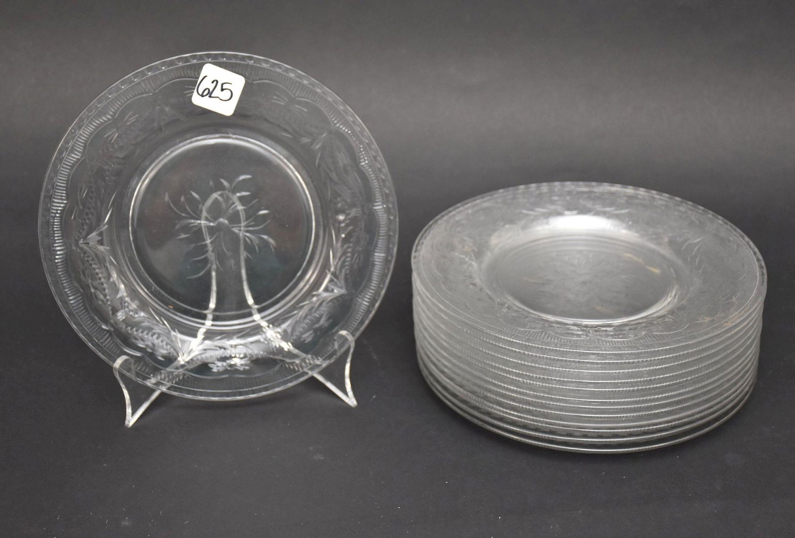 13 Floral Engraved Glass Salad Plates, 8 1/2"dia (1 of 4)