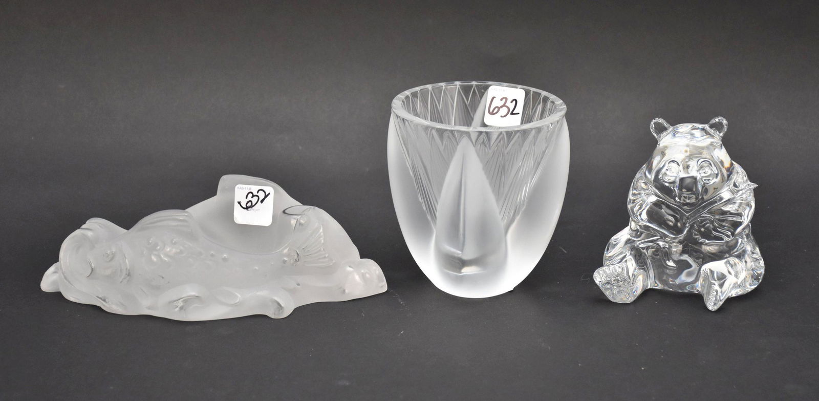 Lalique Vase, (5"h & 4"h), Frosted Unsigned Fish Motif Dish, (3"h x 9"w) Waterford Bear (5"h) (1 of 5)