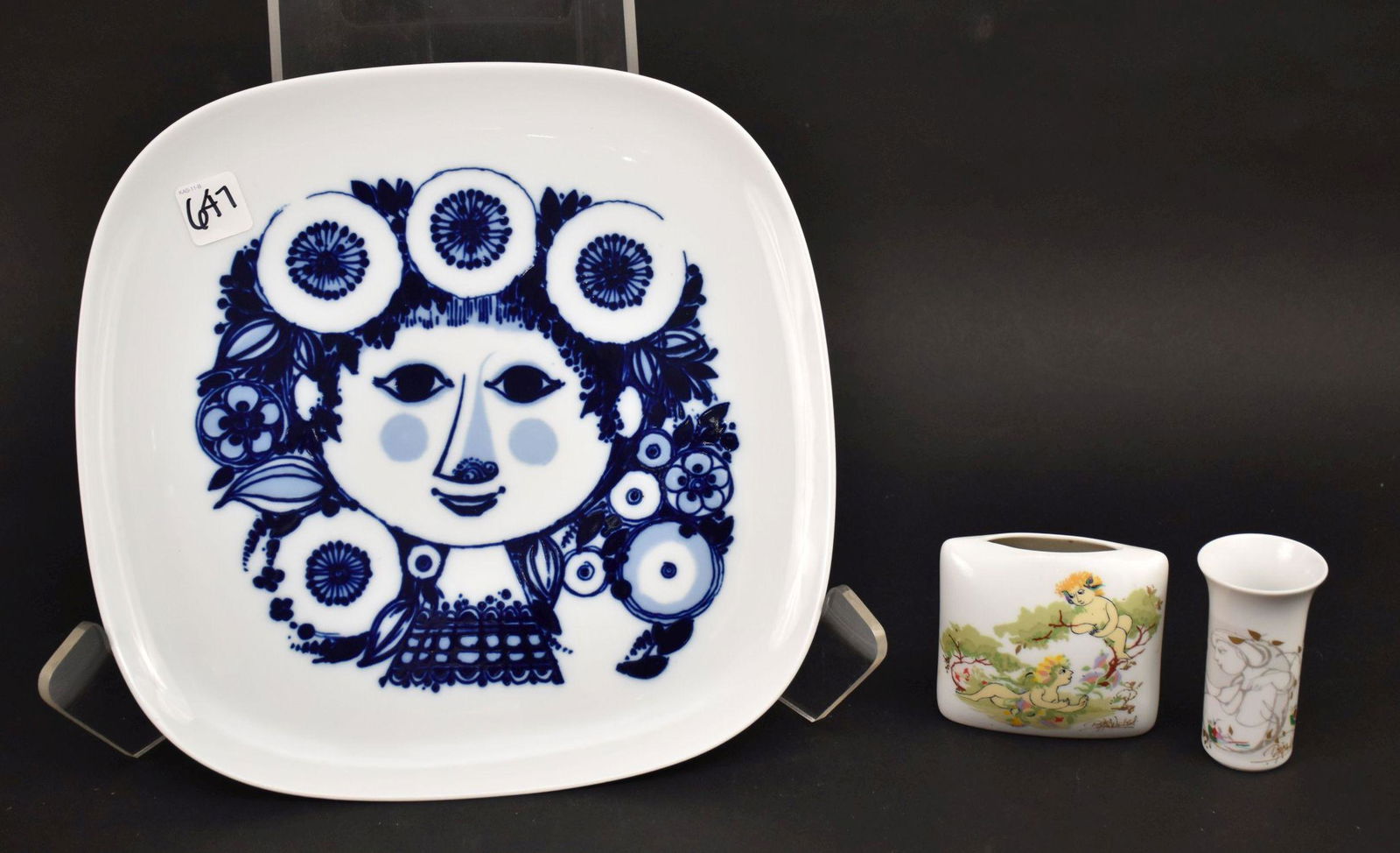 Rosenthal Square Serving Dish, Blue Face on White and 2 Miniature Rosenthal Objects (1 of 6)