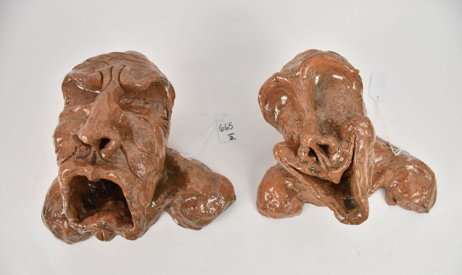 Two Signed WHITMAN Terracotta Grotesques Sculptures  - 20th century. Two glazed terracotta busts of (1 of 6)