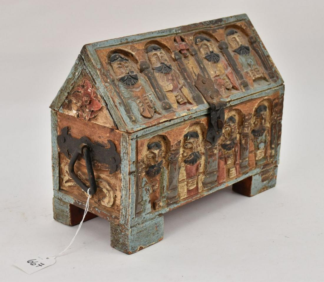 Gothic Carved Painted Twelve Apostles Reliquary Coffer Box - An antique carved wood hinged Gothic (1 of 8)