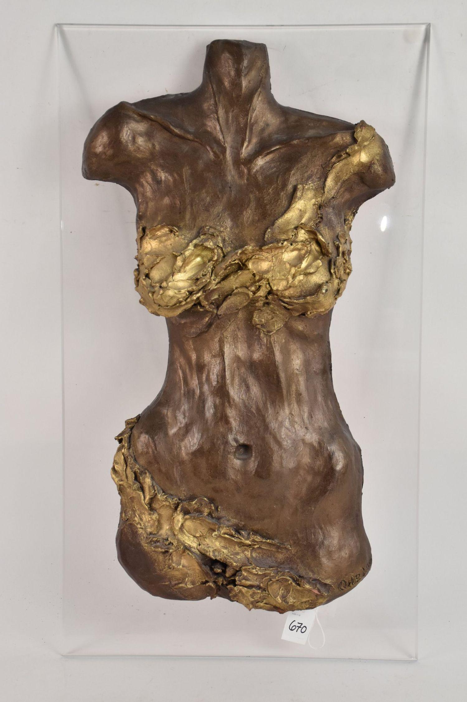 Que Lan Signed Figural Female Torso Sculpture - a terracotta sculpture of a female torso decorated (1 of 7)