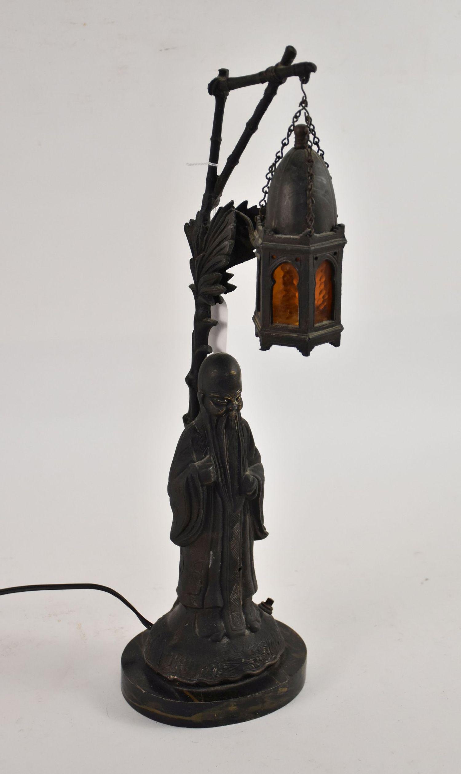 An Orientalist Figural Lamp of a Chinese Wise Man - a cast metal figural lamp featuring a robed (1 of 8)