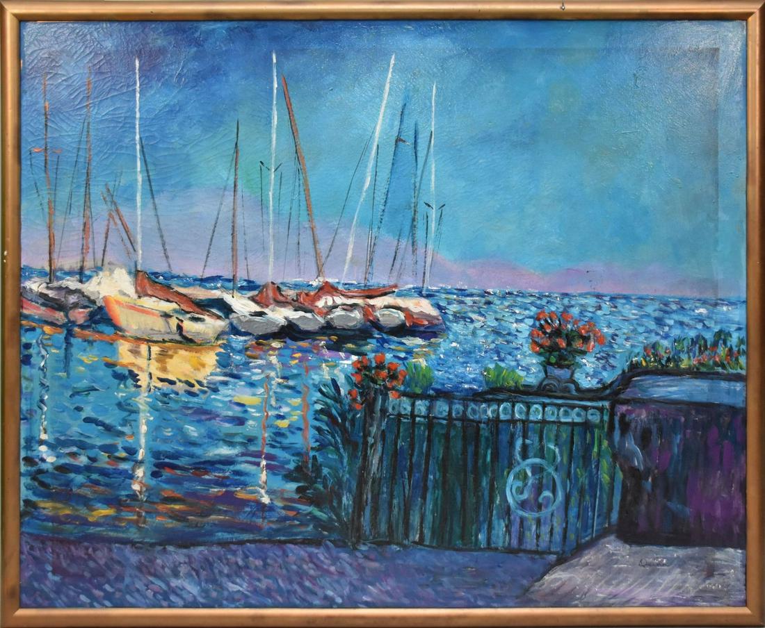Large oil on canvas Painting signed Quinn, Sailboats docked at harbor, Ca. 1970s. 51 x 63 inches (1 of 5)