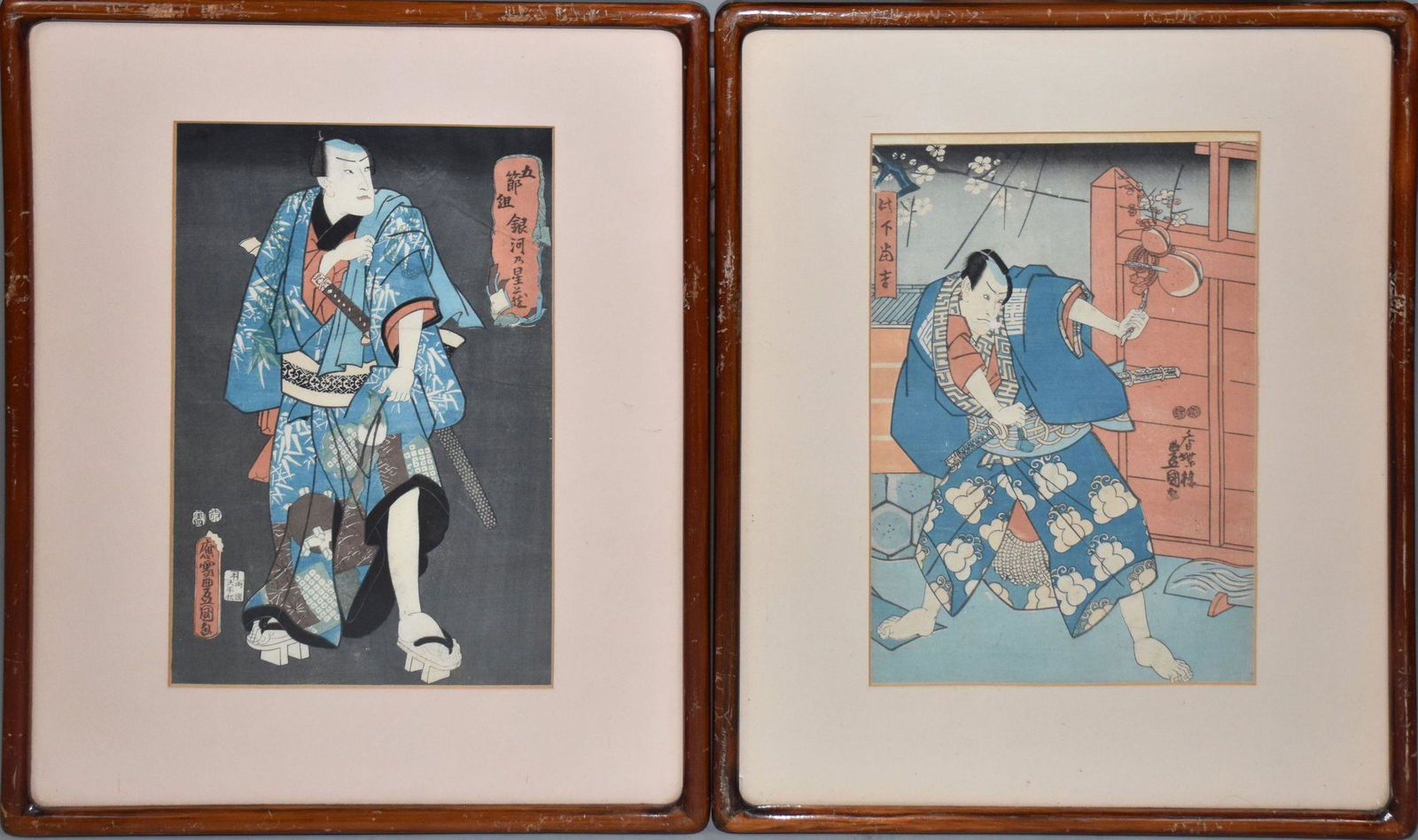 2 Otagawa Kunisada Woodblock Prints with Kabuki Actors - overall framed - 21" x 14", sight - 9 1/2" (1 of 6)