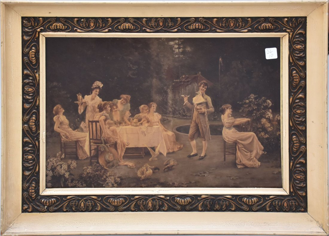 Hermann Koch (GERMAN, 1856â€“1939) antique reverse print on glass, garden party, 21" x 28" overall: Hermann Koch (GERMAN, 1856â€“1939) antique reverse print on glass, garden party, 21" x 28" overall