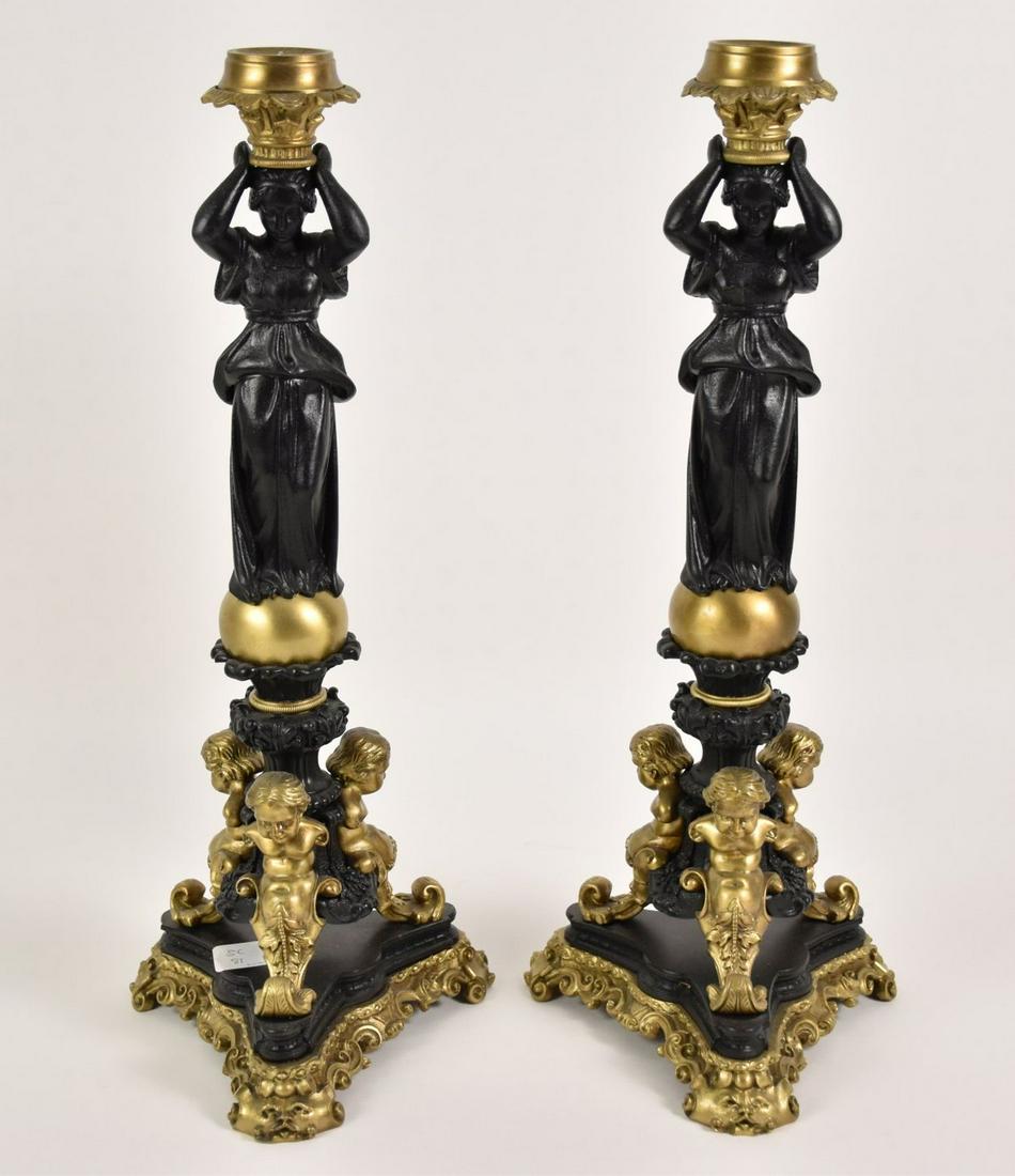 Pair Figural Patinated Neoclassical Motif Candlesticks - A pair of patinated and gilt metal (1 of 7)