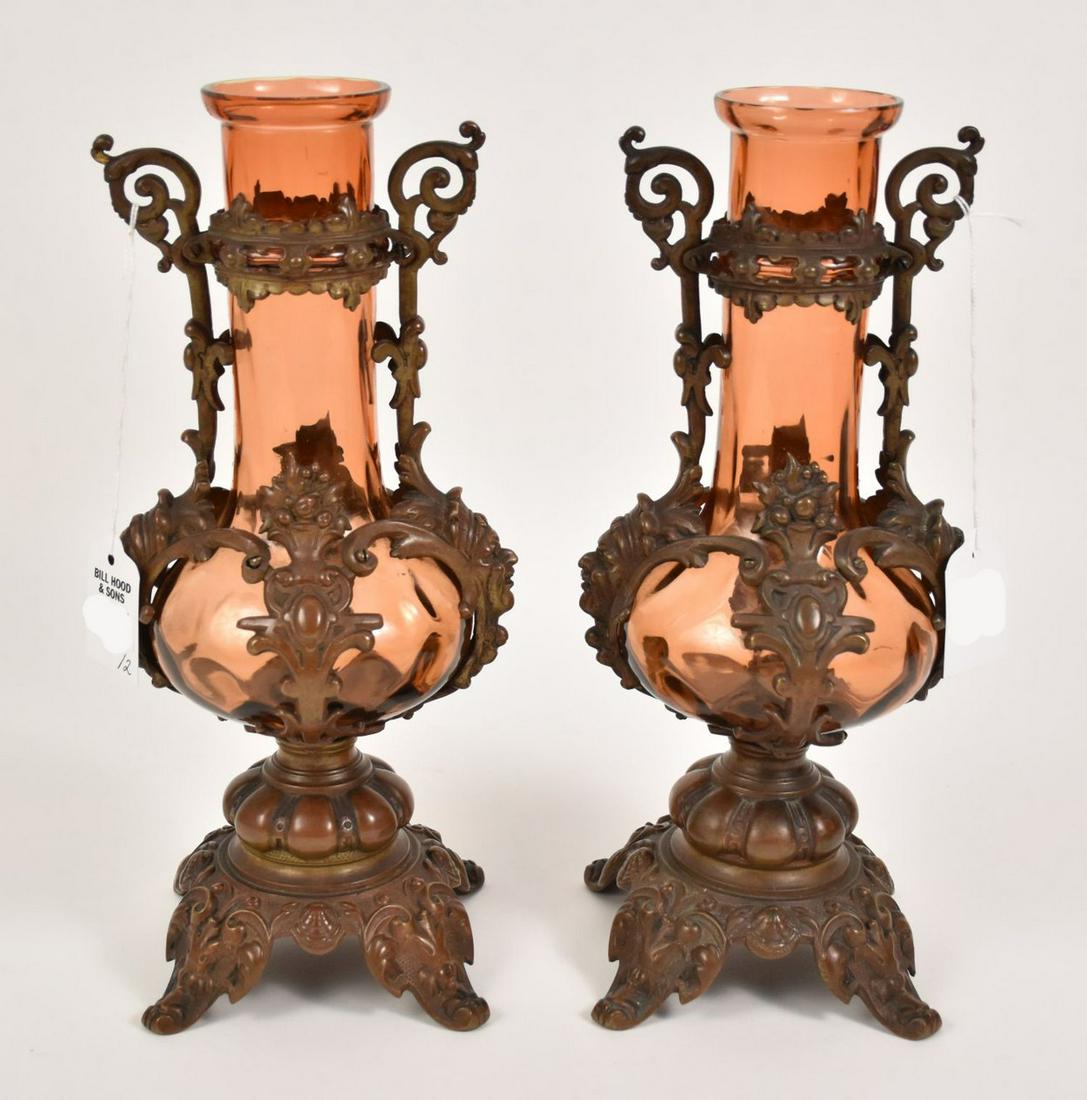 Pair Continental Antique Bronze & Amber Glass Vases - Patinated bronze outer casing with figural (1 of 7)