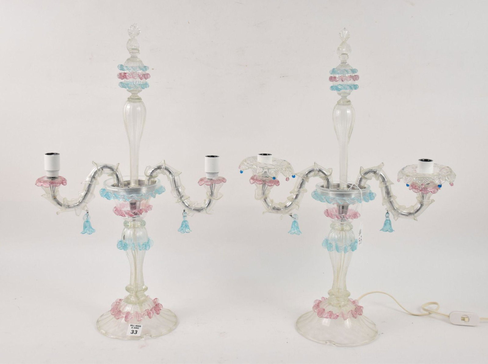 Pair of Venetian Glass 2 branch candelabras, electrified (one is working and one cord has been cut): Pair of Venetian Glass 2 branch candelabras, electrified (one is working and one cord has been cut)