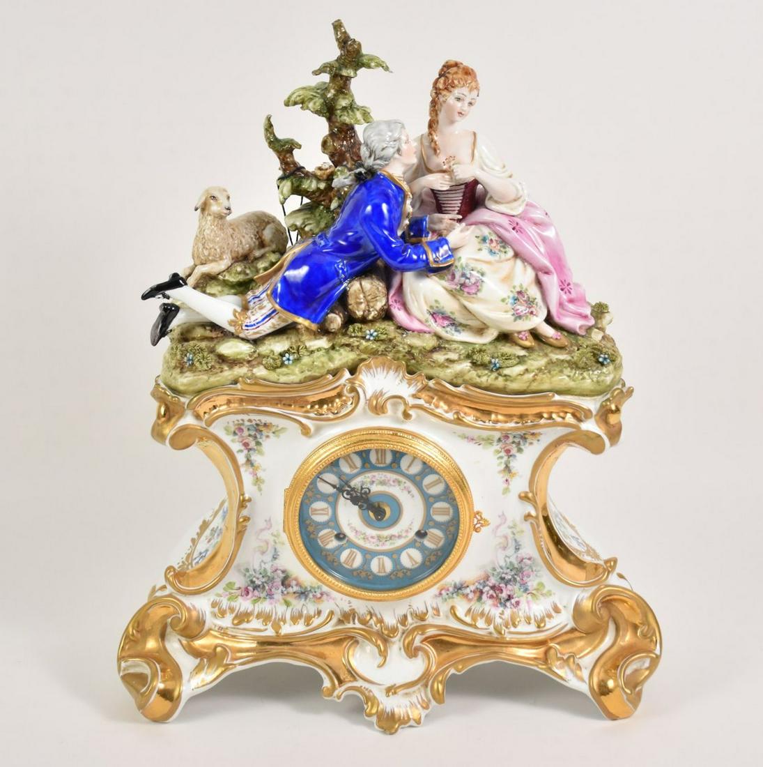 Capodimonte Tiche Porcelain Figural Group Clock - Romantic couple figural group atop a floral and (1 of 7)