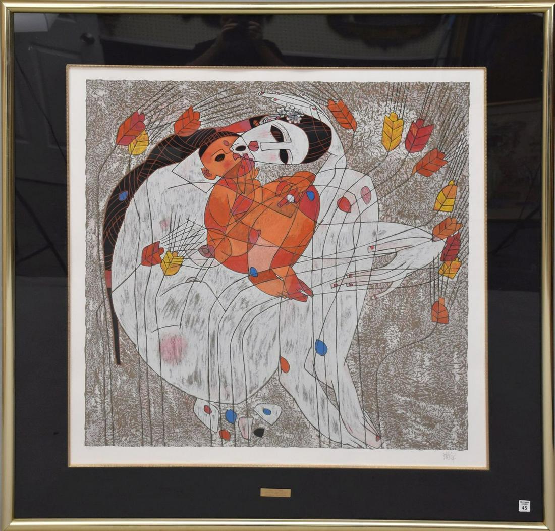 Tiefeng Jiang (Born 1938) Mother and Child, 24 color serigraph numbered 71/300 and signed by the (1 of 5)