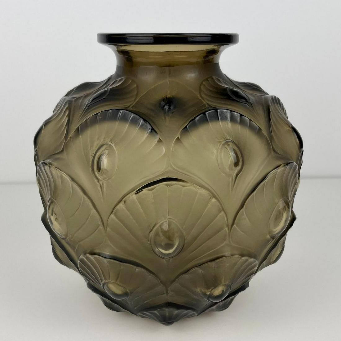 1930s Marius-Ernest Sabino Art Deco “Les Plumes” Smoked Bronze Glass Vase, Signed, 8W × 8"D × 8"H, (1 of 5)