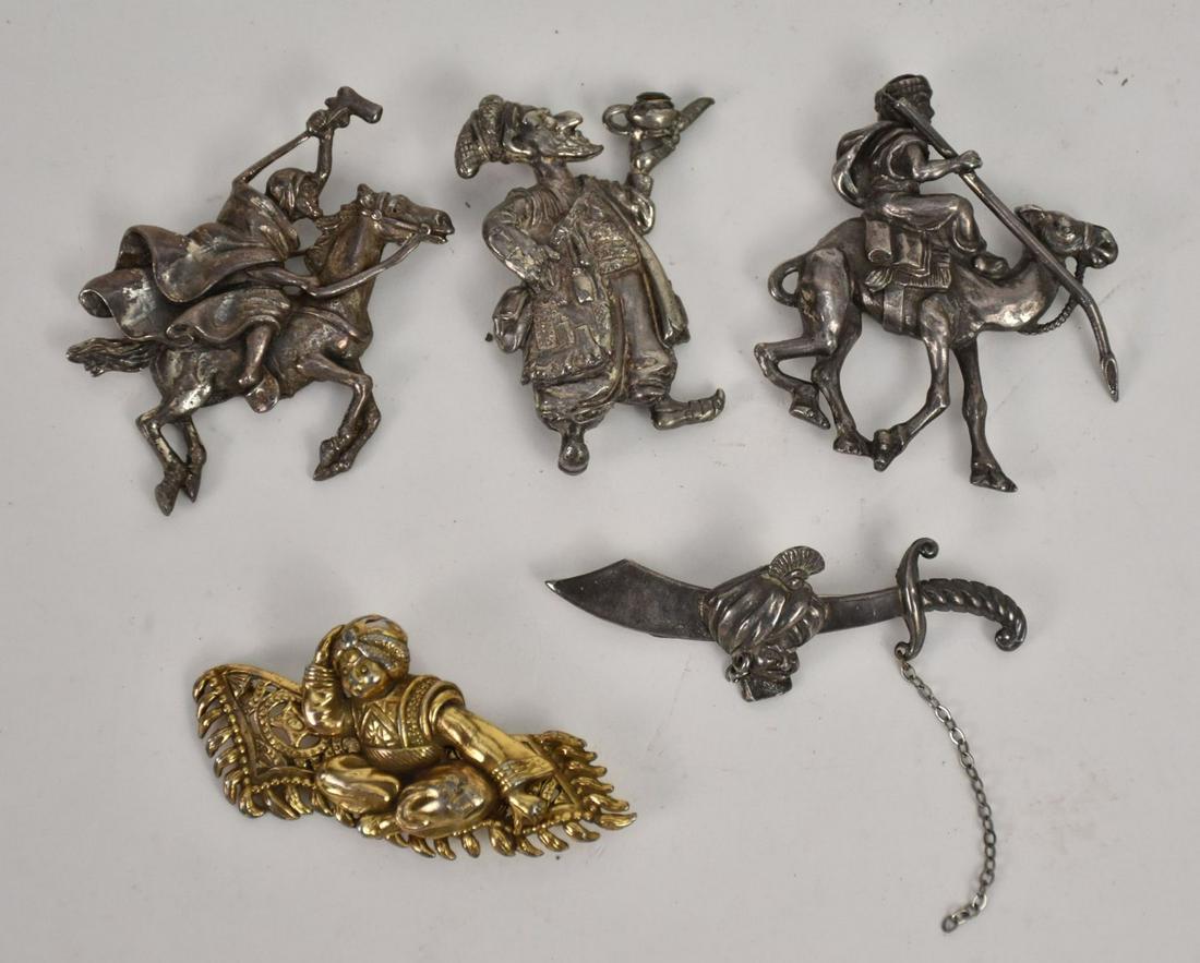 5 Korda Costume Brooch / Pin Jewelry Thief of Bagdad. All signed 1gold tone 2.75" 4 silver tone 2.5" (1 of 6)