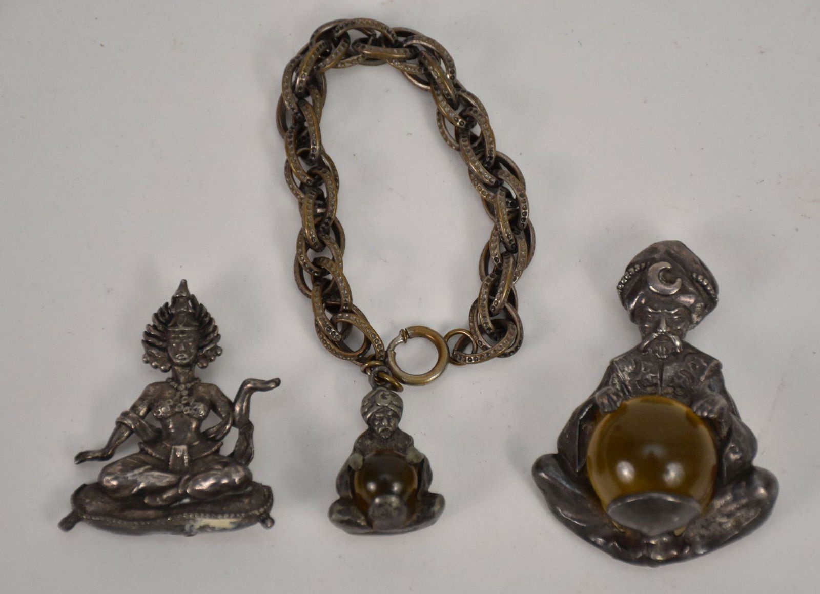 3 Korda Costume Jewelry Thief of Bagdad Brooch & Bracelet.  Genie holding crystal green ball 2.5" (1 of 4)