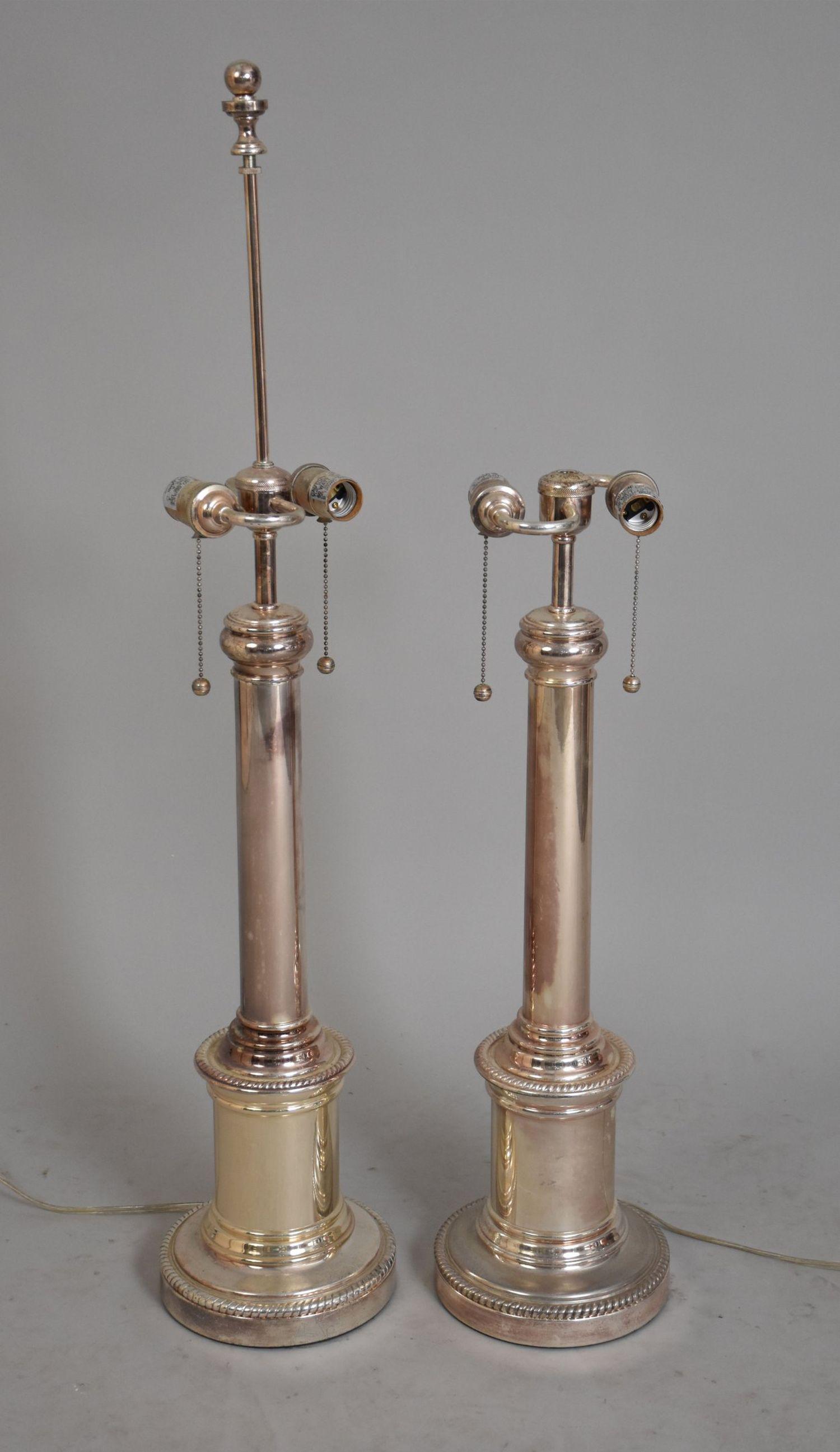 Pair Ralph Lauren Silverplate Columnar Lamps on Plinth Base,  Ralph Lauren Label on base, 38"h (one (1 of 4)