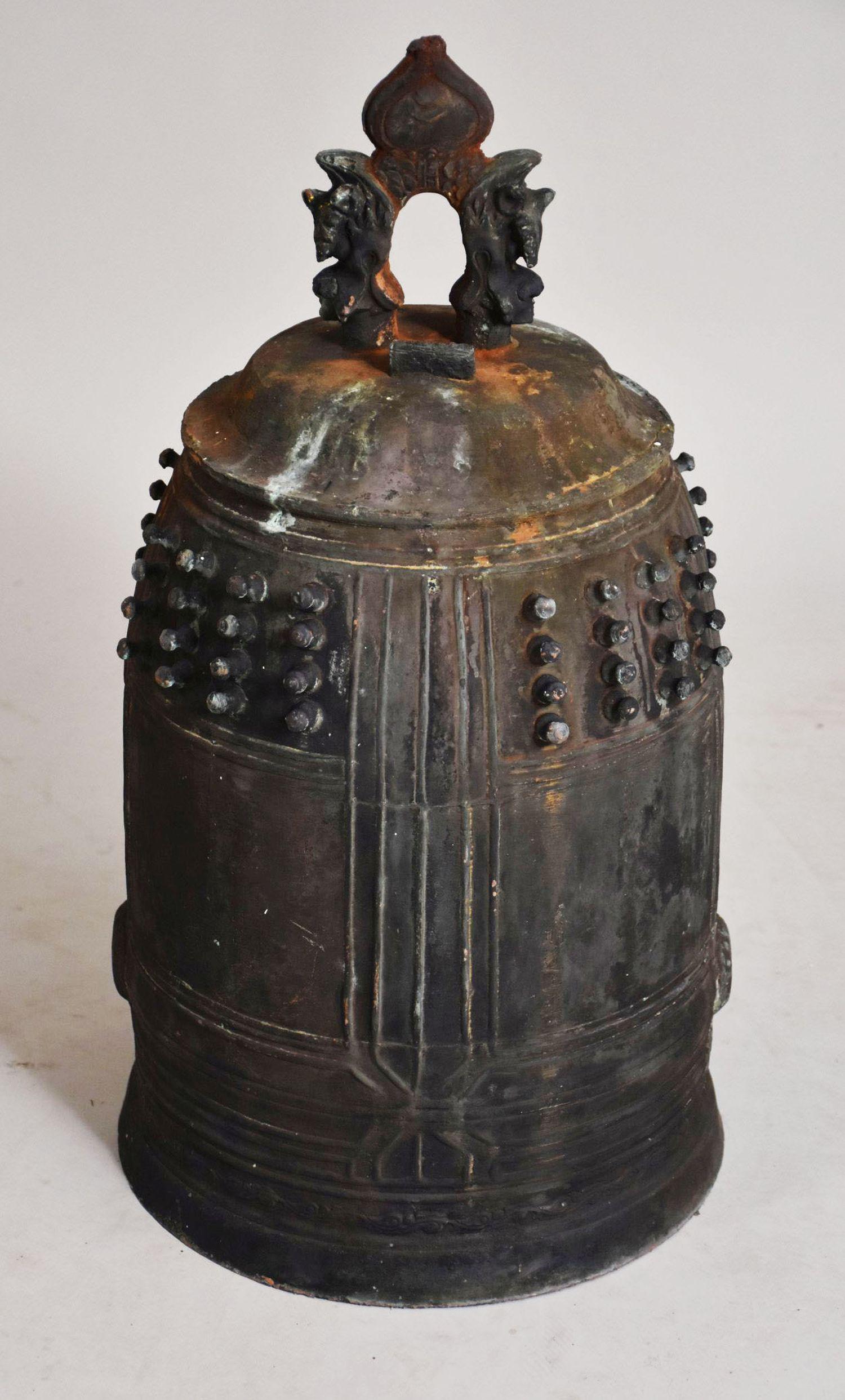 Asian Large Bronze Bell, each panel inlaid with inscriptions. H 28" x W 14" (1 of 9)