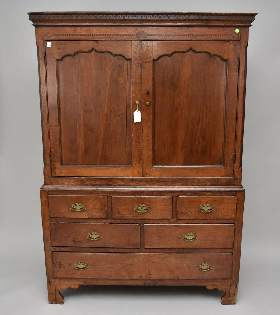 English Oak 19th c. Linen Press, 2 Sections, Dentil Molding Above Inlay Over 2 Shaped Doors Above 4 (1 of 11)