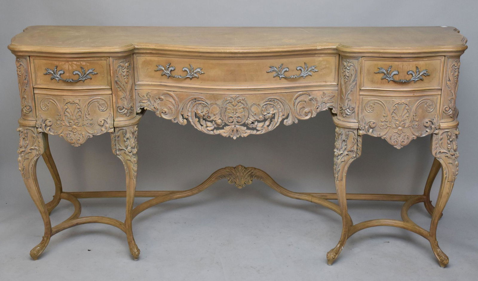 Heavily Carved Lightwood Sideboard with 3 Side By Side Drawers: Heavily Carved Lightwood Sideboard with 3 Side By Side Drawers80" wide x 39" high x 22 1/2" deep.