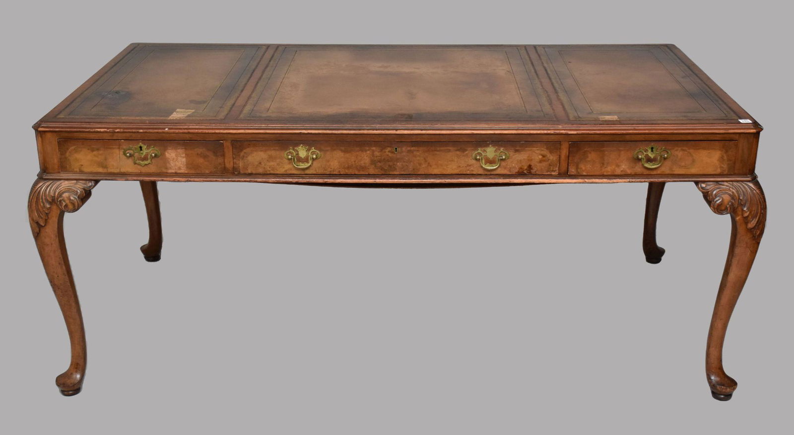 Antique English Desk, Mahogany with 3 Side By Side Drawers, 3 Tooled Leather Inserts and Carved (1 of 9)