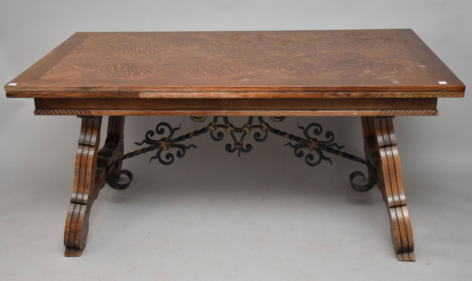 Spanish Colonial Style Refractory Table with Marquetry Surface & Expandable Top Above Iron Scroll (1 of 8)
