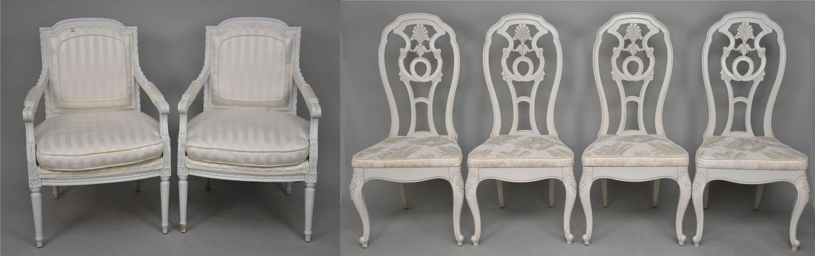 6 Painted White Dining Chairs, 2 Armchairs Upholstered Seats & Backs AND  4 Side Chairs Pierced (1 of 8)