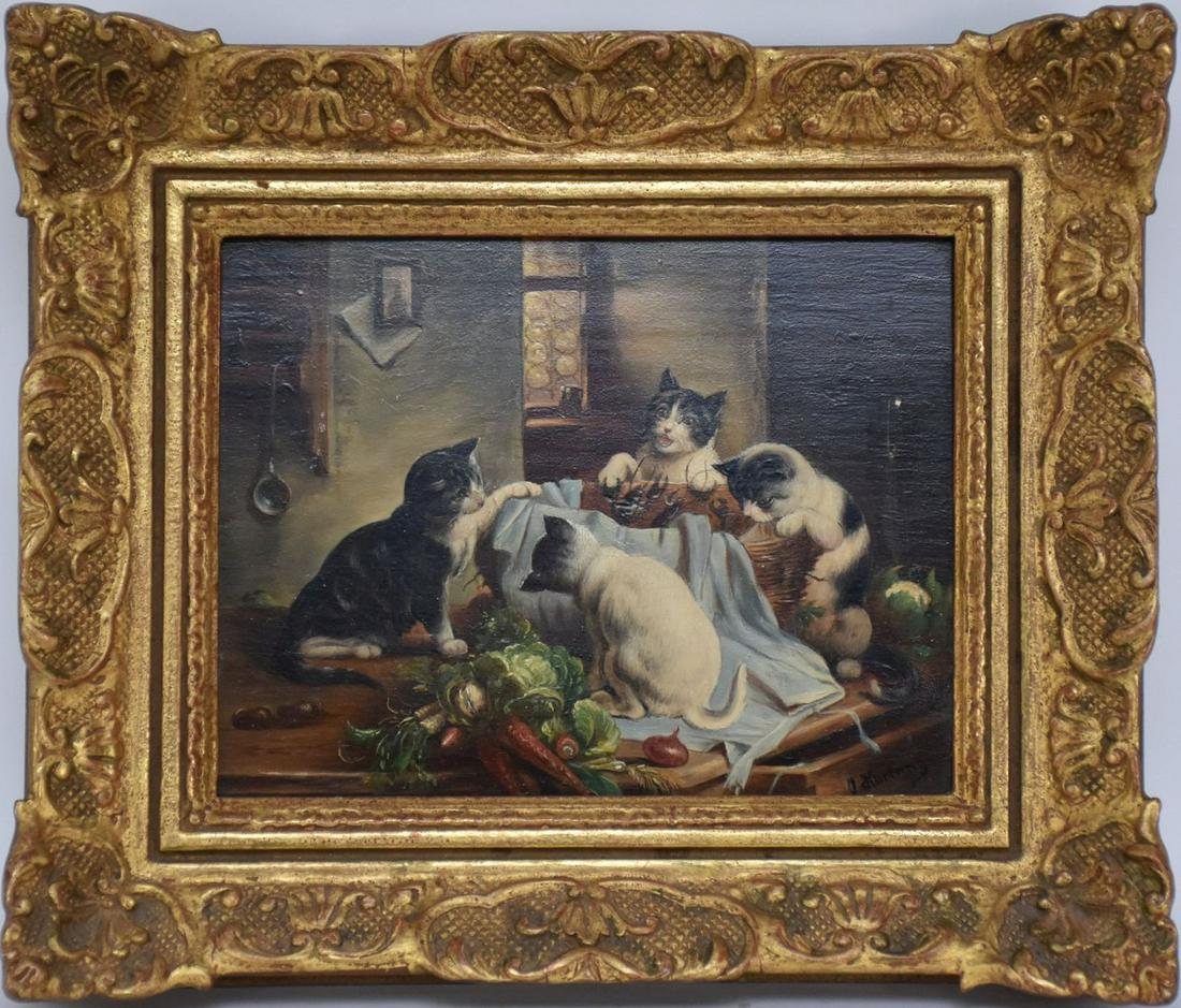 Carl Reichert (1836 - 1918) aka J Hartung, oil on board, cats and crawfish, signed "J Hartung": Carl Reichert (1836 - 1918) aka J Hartung, oil on board, cats and crawfish, signed "J Hartung" bottom right, 7" x 9" board, 11 1/2" x 13" overall