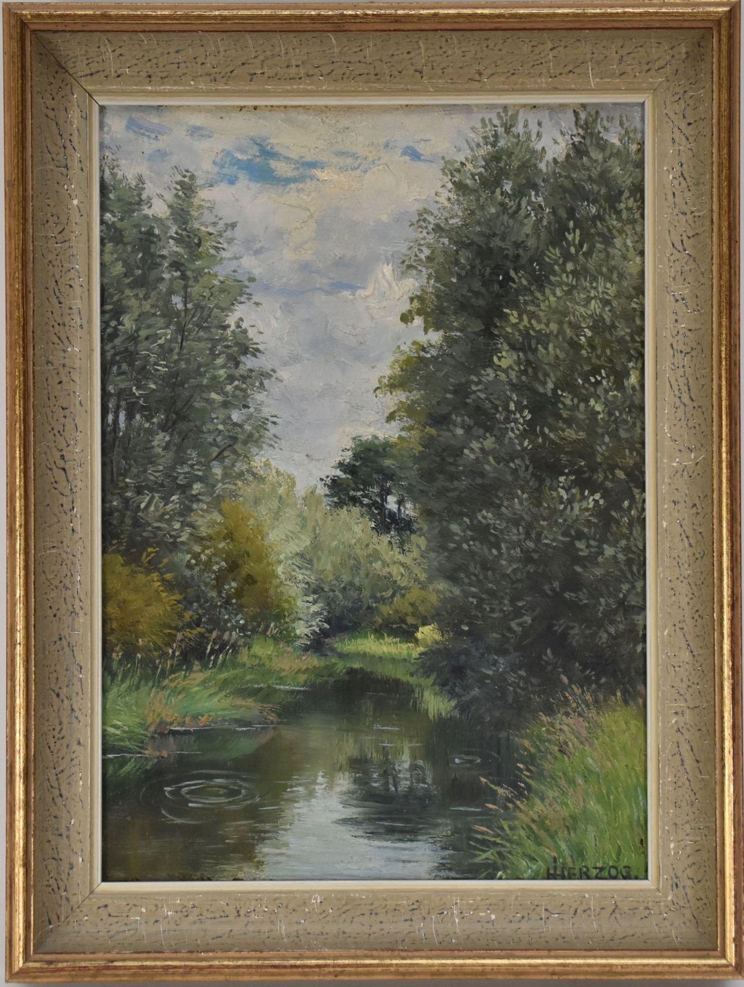 Hermann Ottomar Herzog (American 1832 - 1932) oil on board, Rhein River Scene, signed lower right, (1 of 6)