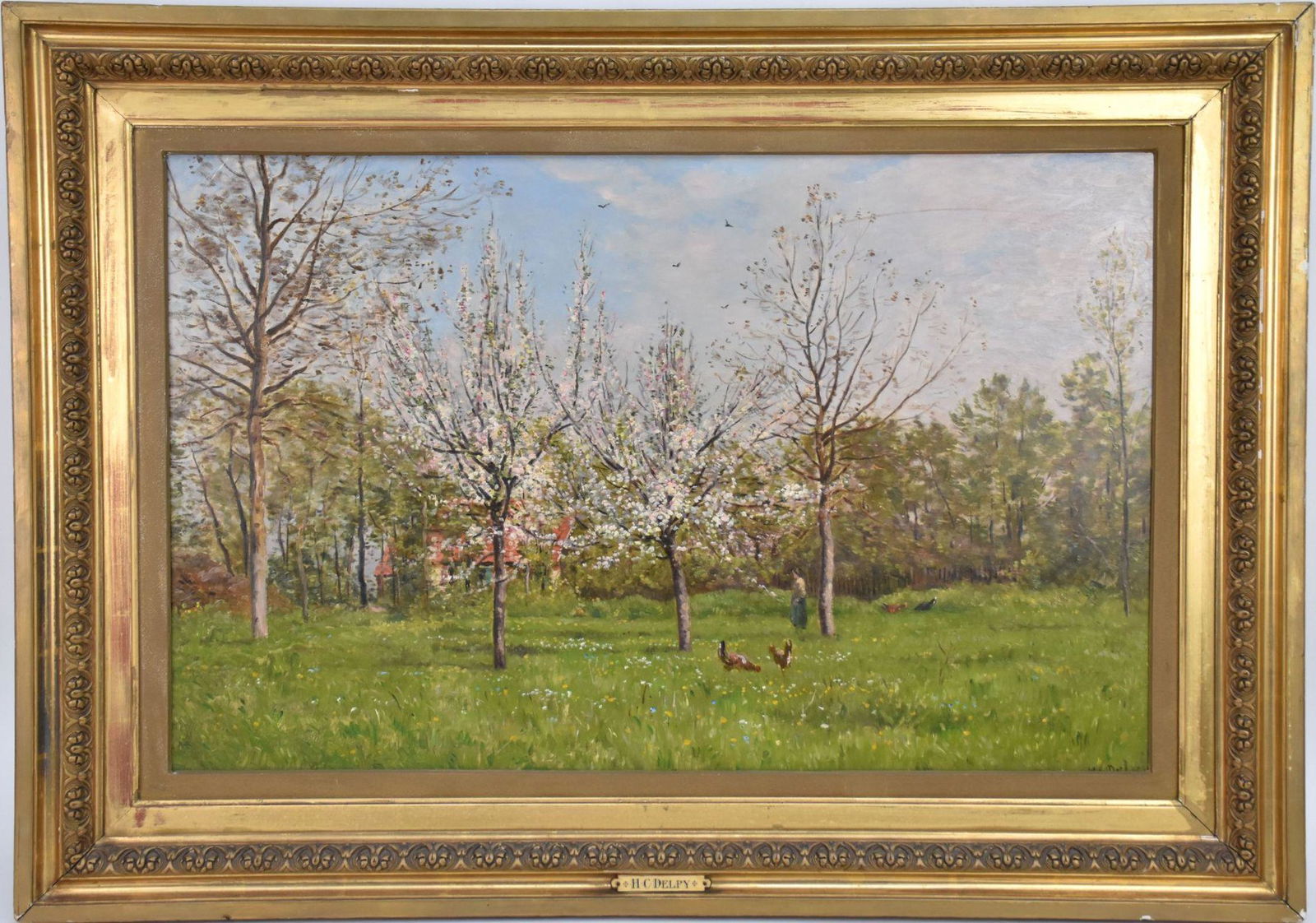 Hippolyte Camille Delpy (FRENCH, 1842–1910) oil on board, spring landscape with cherry blossom trees (1 of 8)