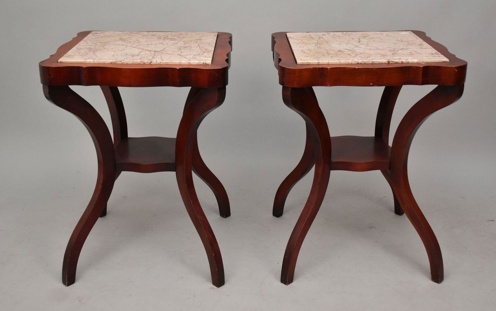 Pair 2 tier Mahogany end tables w/ marble tops, 28h x 21wide (1 of 3)