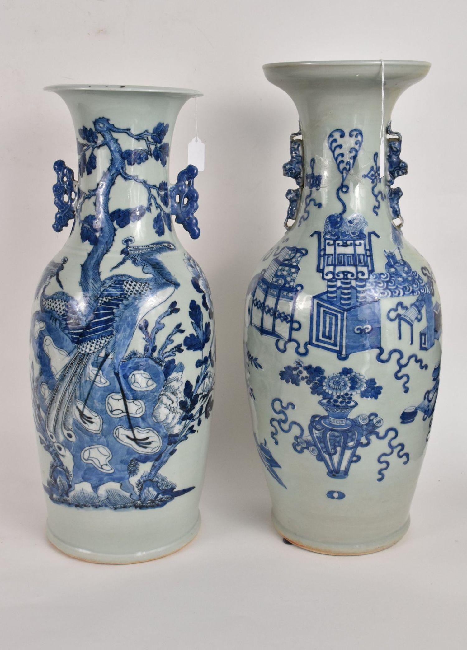 Two Large Antique Chinese Blue on Celadon Porcelain Vases - Two porcelain baluster vases featuring (1 of 9)