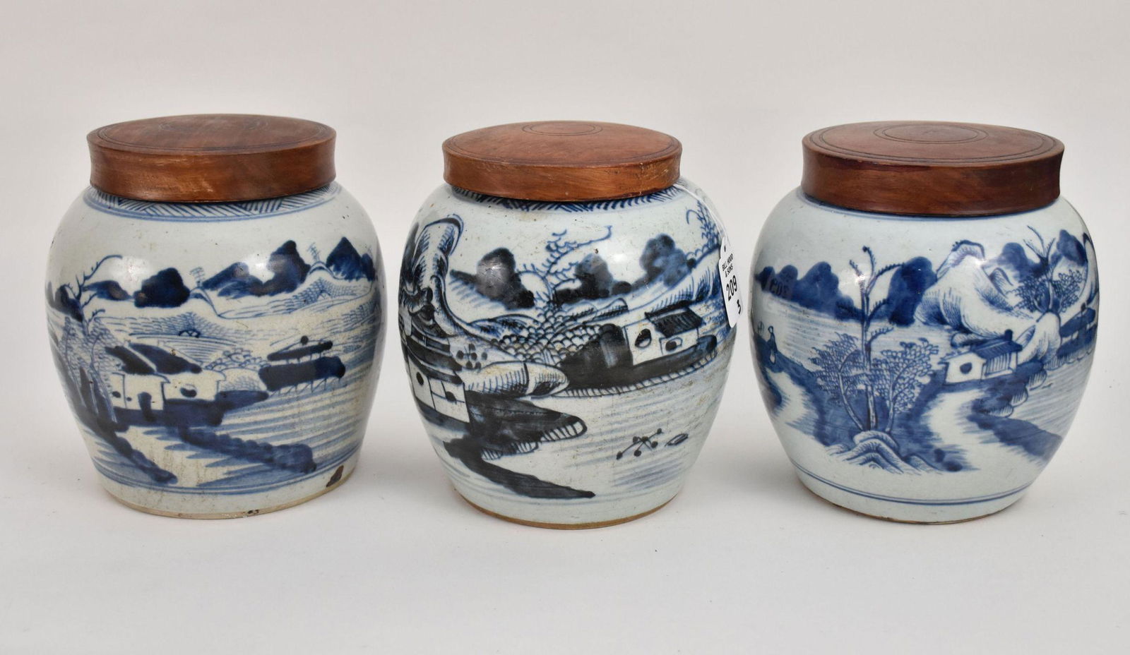 Three Antique Chinese Blue & White Ginger Jars - Each jar features a fishing village landscape scene (1 of 7)