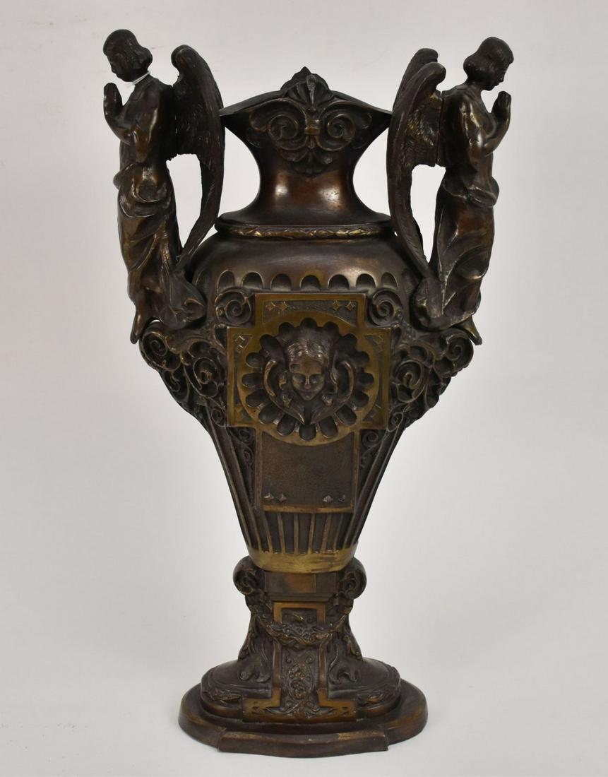 19th Century Figural Bronze Urn - An antique bronze urn with figural angels at each side. Decorated (1 of 6)