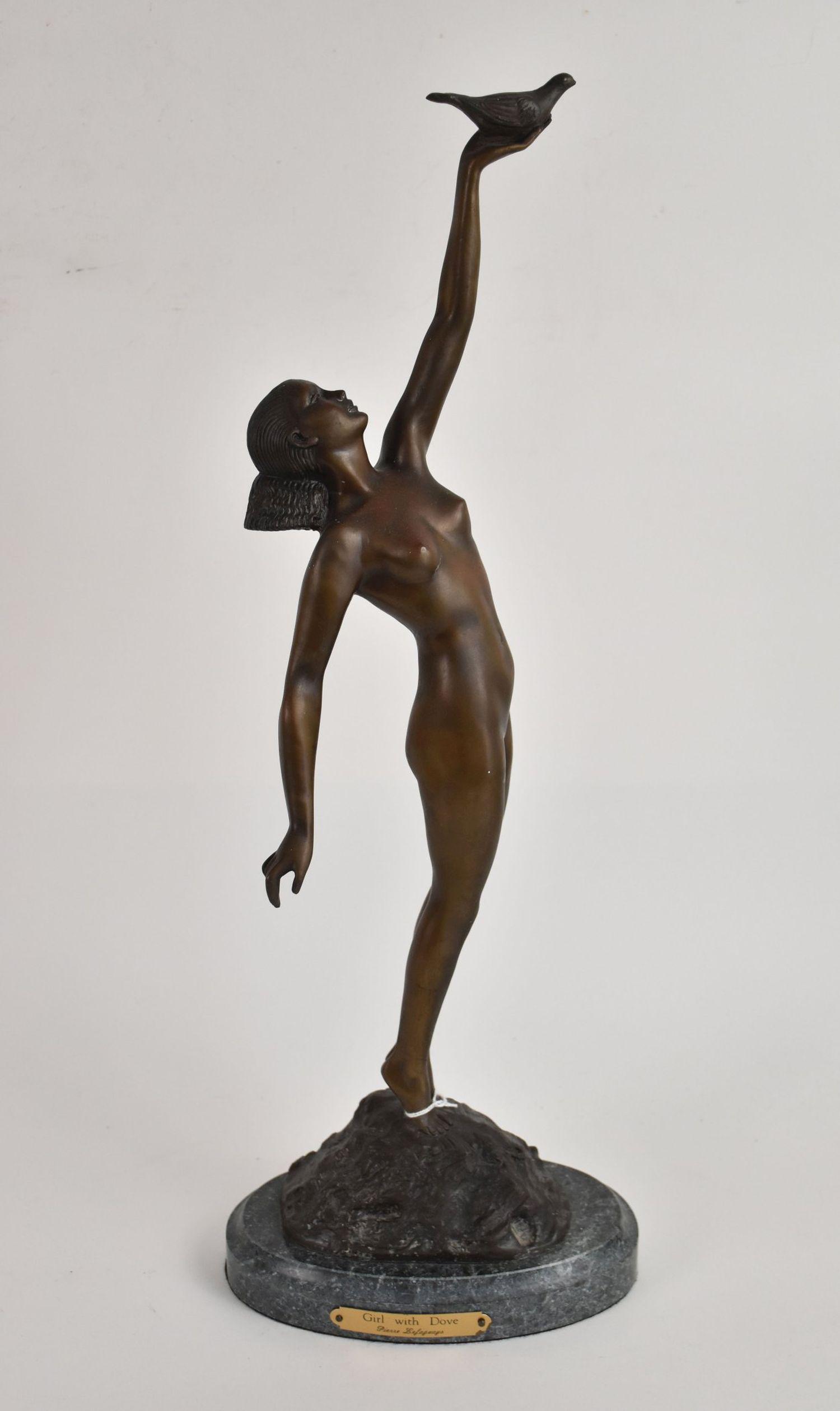 After Pierre Lefaguays (French, 1892-1962) Girl with Dove Bronze Nude Figure - A patinated Bronze: After Pierre Lefaguays (French, 1892-1962) Girl with Dove Bronze Nude Figure - A patinated Bronze Deco style nude female figure holding a dove. Mounted on a green marble base. Overall - 20 1/4" H.