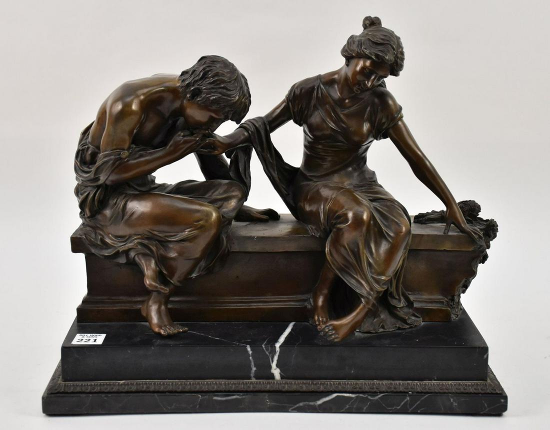 Signed Bronze of a Courting Couple, After Claude Michel Claudion (French, 1738-1814). Signed at back: Signed Bronze of a Courting Couple, After Claude Michel Claudion (French, 1738-1814). Signed at back left on top corner of base. 14"h x 16"w x 8"d.