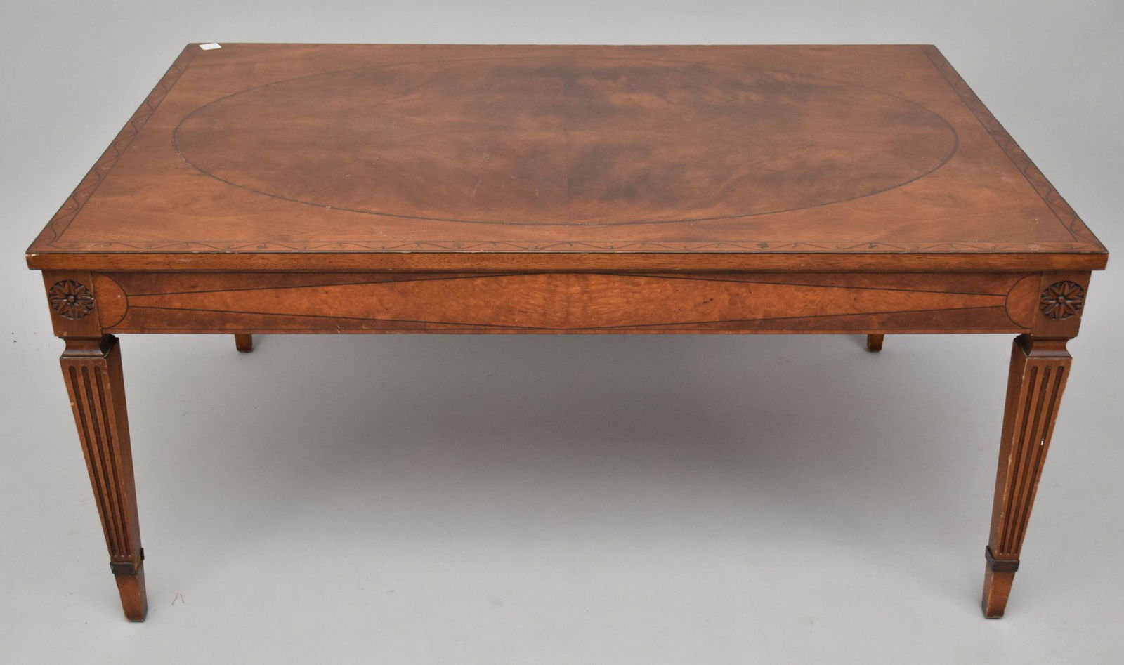 Mahogany Coffee Table, Inlay Design on Tapered Reeded Legs, 19"h x 41 1/4"w x 27"d (1 of 4)