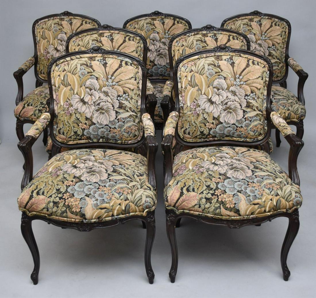 8 French Provincial Painted Black Armchairs, Tapestry Type Upholstered Seats & Backs (1 of 3)