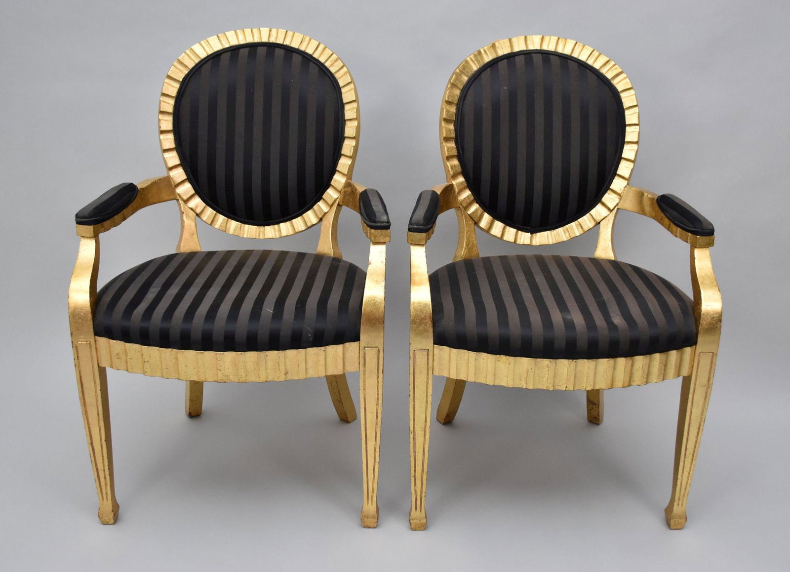 Pair Painted Gold Ribbon Frame Armchairs with Worn Black Upholstery: Pair Painted Gold Ribbon Frame Armchairs with Worn Black Upholstery