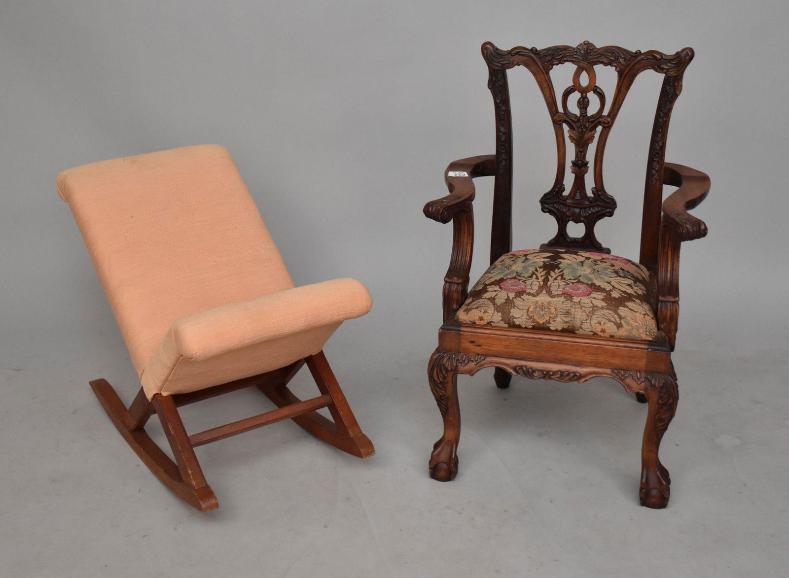 Diminutive Child's Chippendale Chair with Upholstered Seat, 25"h x 16"w AND Antique Gout Footstool (1 of 4)