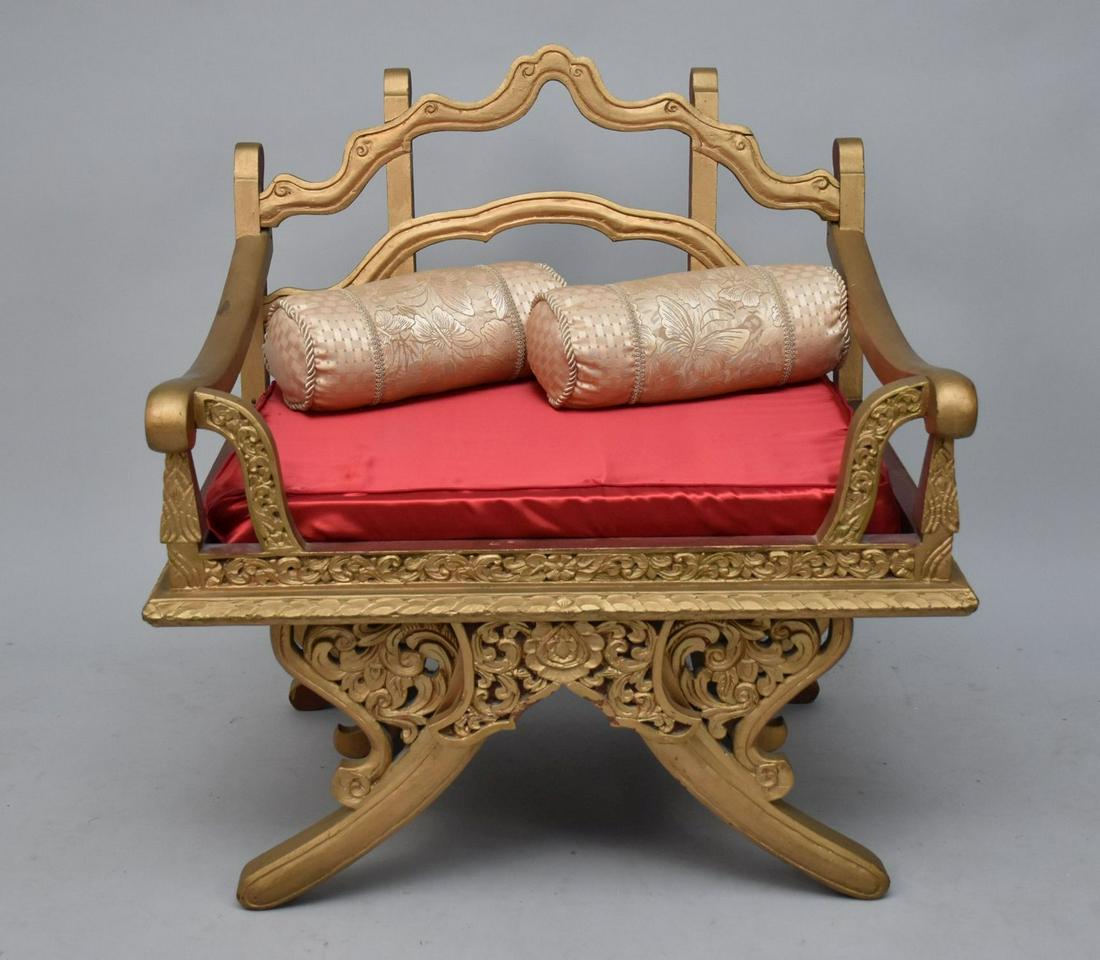 Oversize Painted Gold Chinese Carved Chair with Red Satin Cushion, 35" h x33" w x 26" d: Oversize Painted Gold Chinese Carved Chair with Red Satin Cushion, 35" h x33" w x 26" d