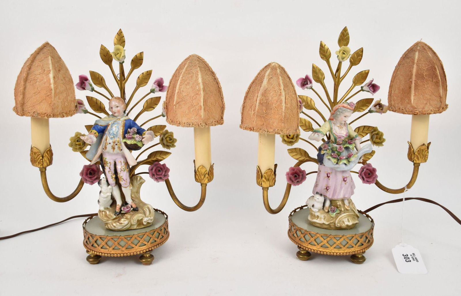 Pair Antique German Figural Double Branch Lamps, 14"h x 12"w (girl missing part of hand/arm) (1 of 8)