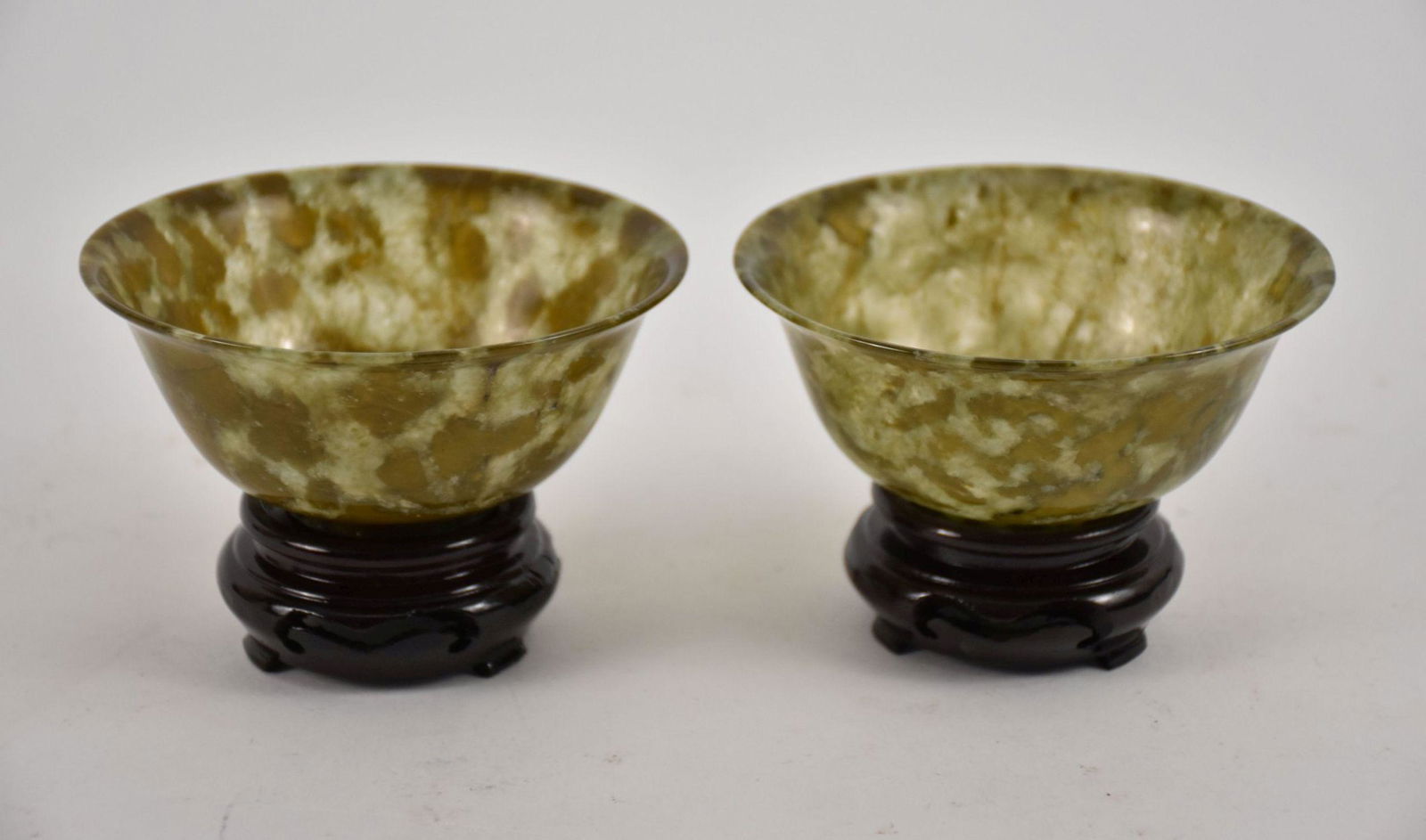 Vintage Pair of Spinach Jade Chinese Bowls with Stand & Box. Condition good  1.75" Tall and 4" wide. (1 of 4)