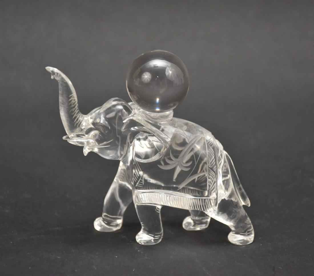 A Chinese Carved Rock Crystal Elephant with Ball Figure - An elephant with trunk raised and rock (1 of 6)