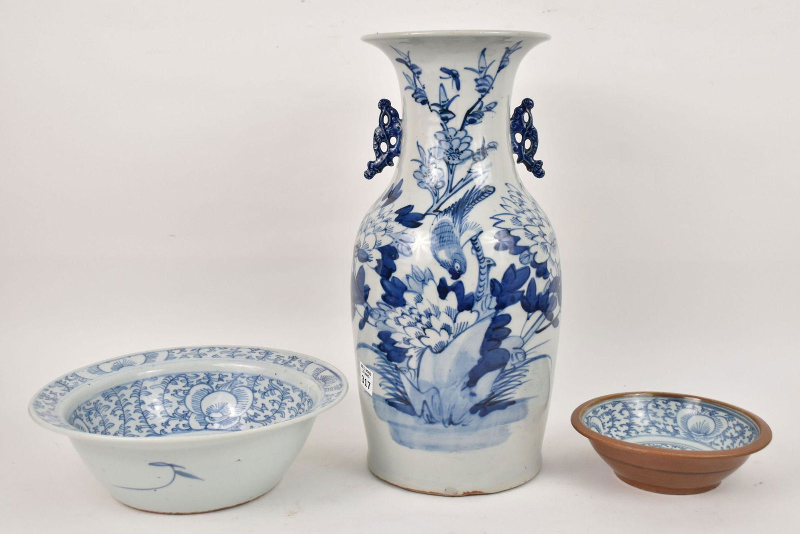 19th c. Chinese Porcelain Vase, Blue on White Ground with Flowers & Bird, Dragon Open Handles AND 2 (1 of 9)