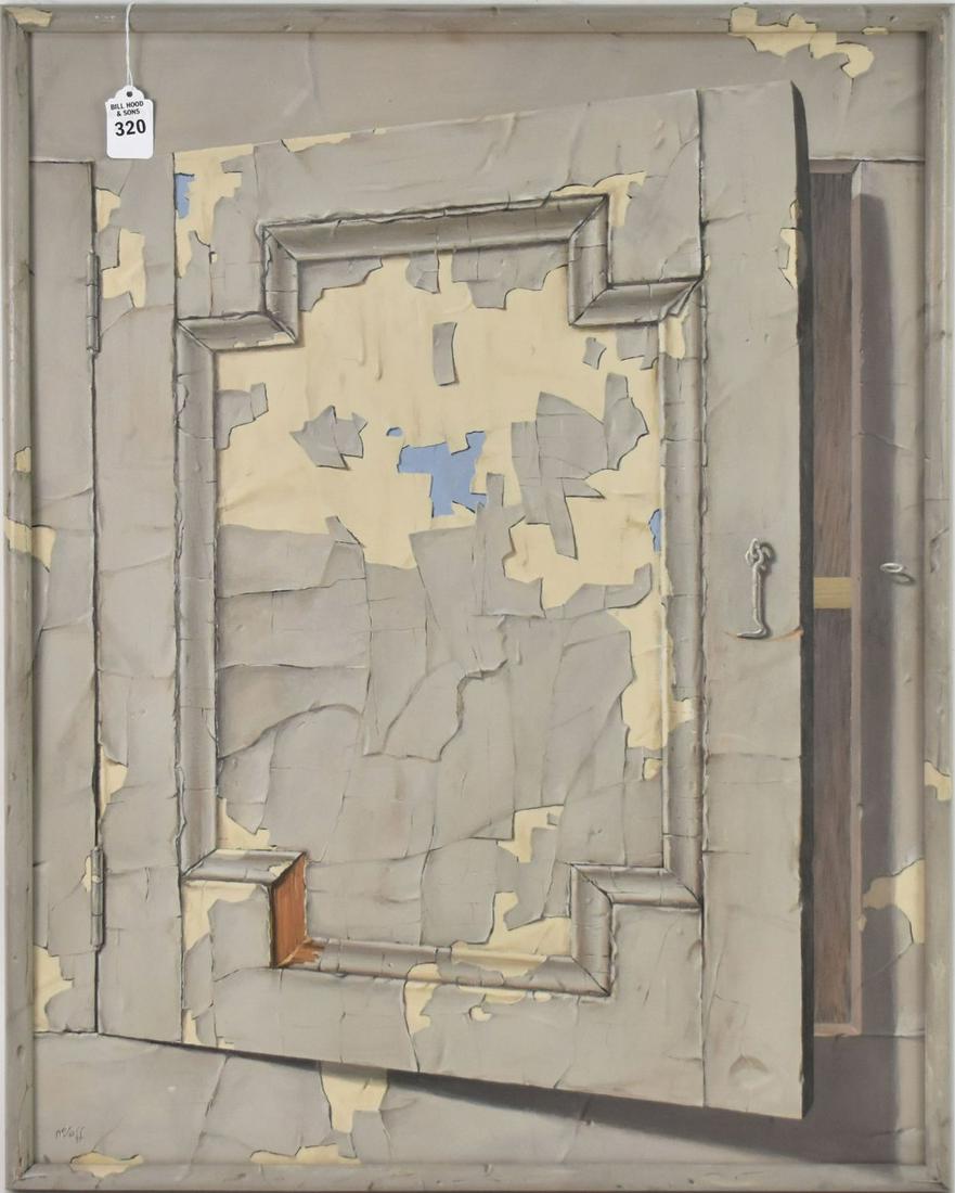 Frank Nosoff (Am. 1919 - 1996) oil on board, tromp l'oeil painting -Shabby Chic Paneled Cabinet (1 of 4)