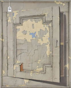 Frank Nosoff (Am. 1919 - 1996) oil on board, tromp l'oeil painting -Shabby Chic Paneled Cabinet: Frank Nosoff (Am. 1919 - 1996) oil on board, tromp l'oeil painting -Shabby Chic Paneled Cabinet door, 28 x 22 inches