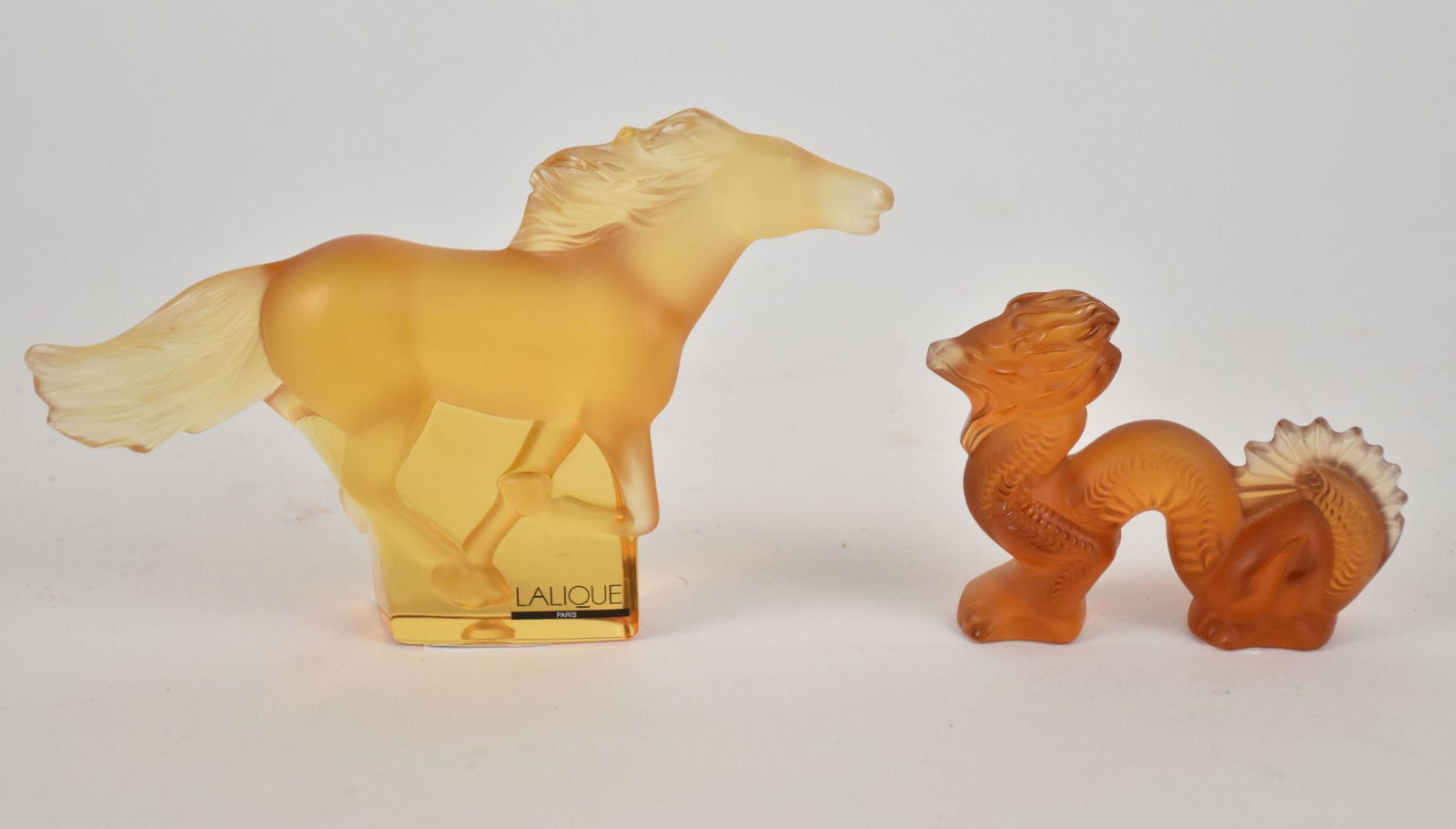 Amber Color Lalique France Crystal Horse Figure (4 1/2"h x 6 1/2"w) & Darker Colored Dragon Figure, (1 of 6)