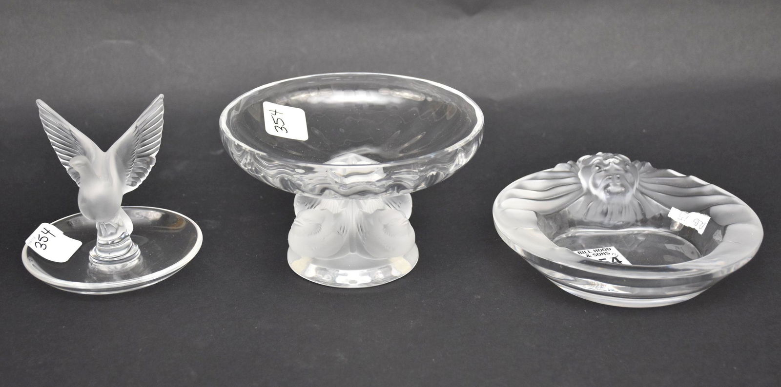 3 Lalique France Crystal Pcs, Ashtray with Lion Head (5 1/2"dia), Bird Form Ring Dish AND Compote (1 of 5)