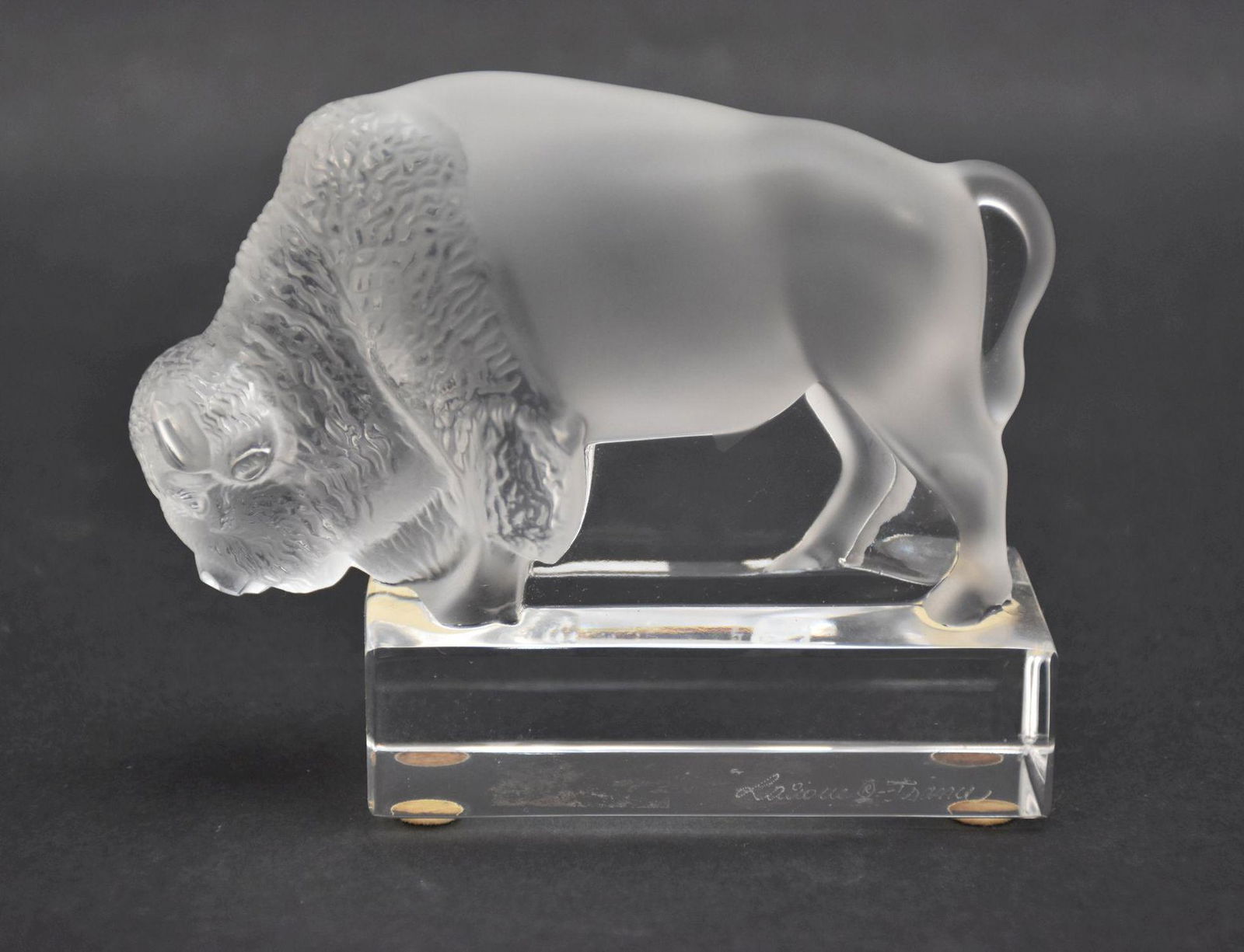 Lalique France Frosted Crystal Buffalo Figure, 4" h x 3 3/4" w, signed. (1 of 4)