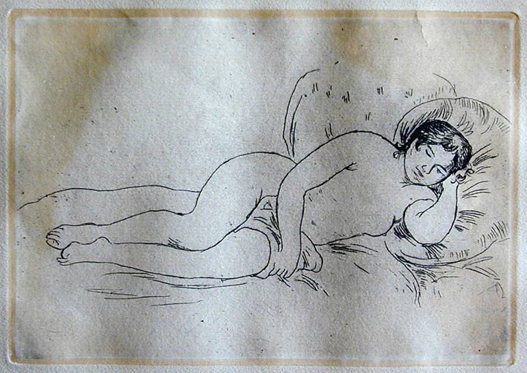 RENOIR ETCHING NUDE FEMALE ON COUCH An etching by P: RENOIR ETCHING NUDE FEMALE ON COUCH An etching by Pierre-Auguste Renoir titled "Nude Female Laying on a Couch" (1906), image size: 5.25" x 7.5".