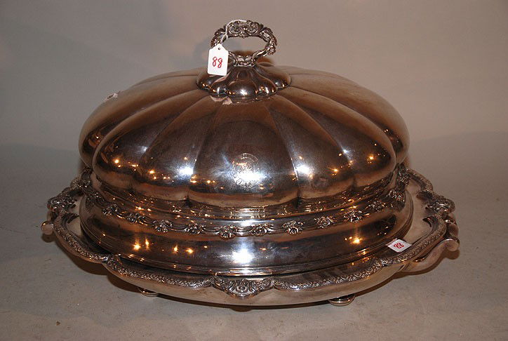 3 pc silver plate dome, well and tree platter and f: 3 pc silver plate dome, well and tree platter and footed shallow large dish, 15"h x 24"w